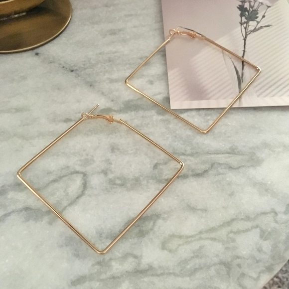 Large Square Geometric Hoop Gold Earrings - Picture 7 of 8